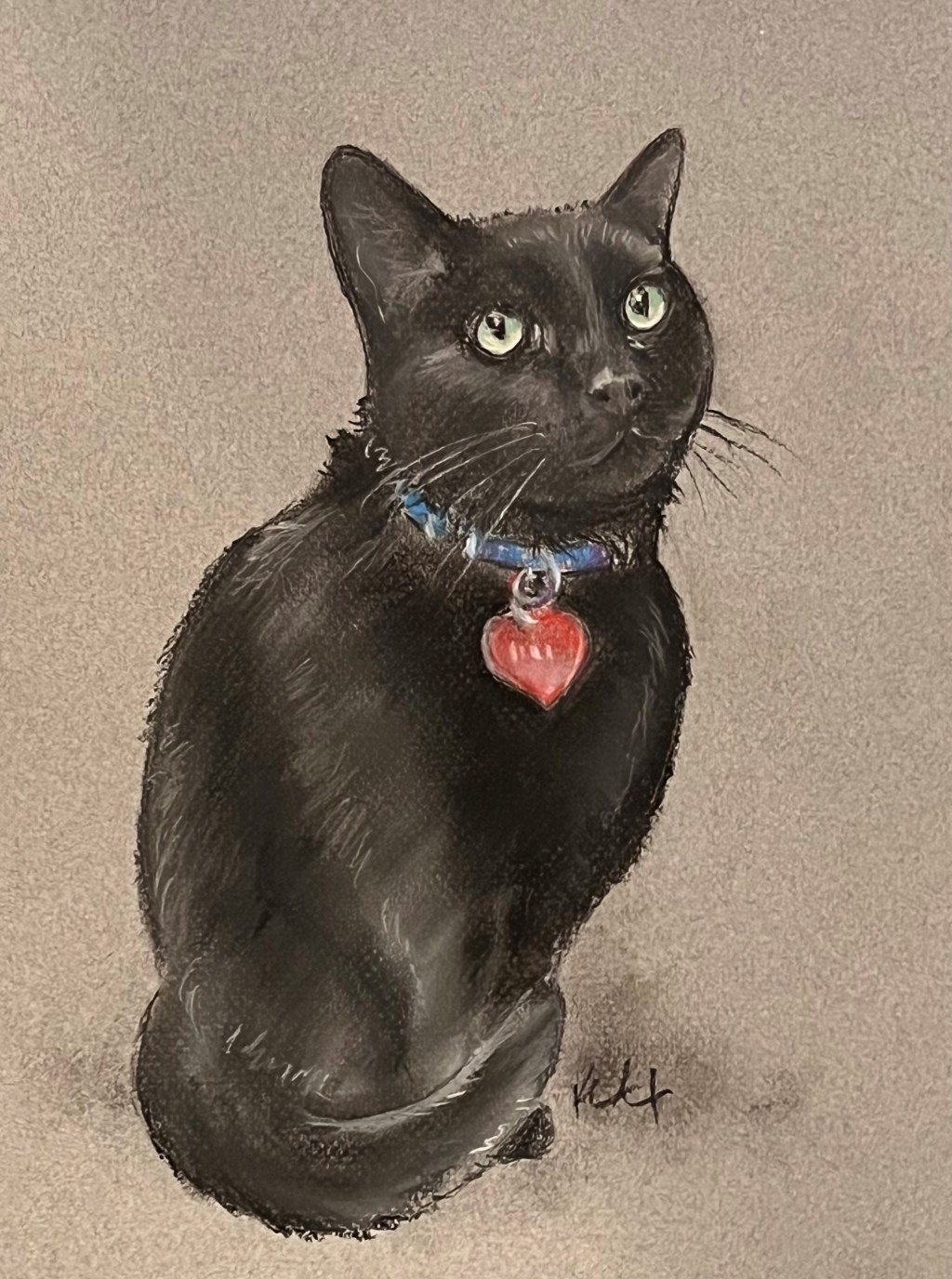 Pastel drawing of a black cat