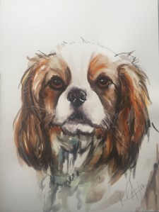 Watercolor painting of a King Charles cavalier terrier